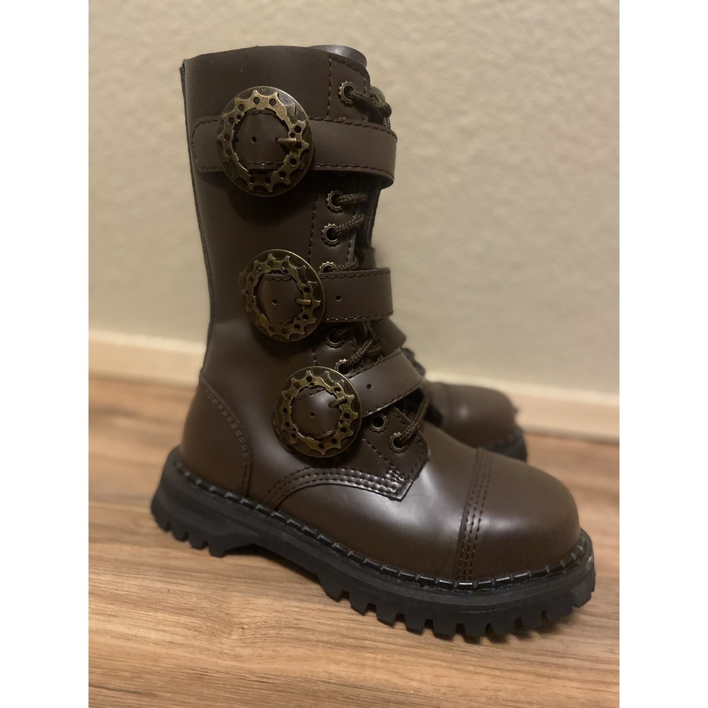 DEMONIA Women's 5 Boots Buckle Straps Brown Grunge Combat Boots Steam Punk Goth